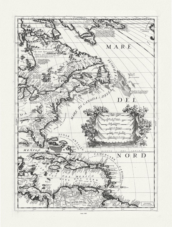 America Settentrionale le colle nuoue scoperte fin al'anno 1688, diuisa nelle sue parti secundo lo stato.1688.Coronelli, canvas, 20 x 25"
