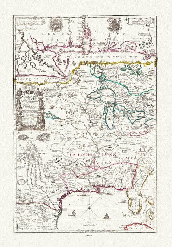 Le cours de Missisipi, ou de St. Louis (with) Partie meridionale de la Riviere de Missisipi, 1720, map on heavy cotton canvas, 22x27" approx