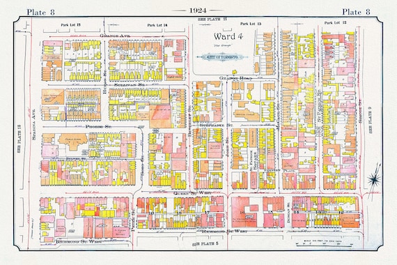 Plate 08, Toronto Downtown, Queen St. West to Spadina, 1924, map on heavy cotton canvas, 20 x 30" or 50 x 75cm. approx.