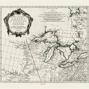Anville et al., Partie occidentale du Canada et septentrionale de la Louisiane avec une partie de la Pensilvanie, 1784 , on canvas 22x27"