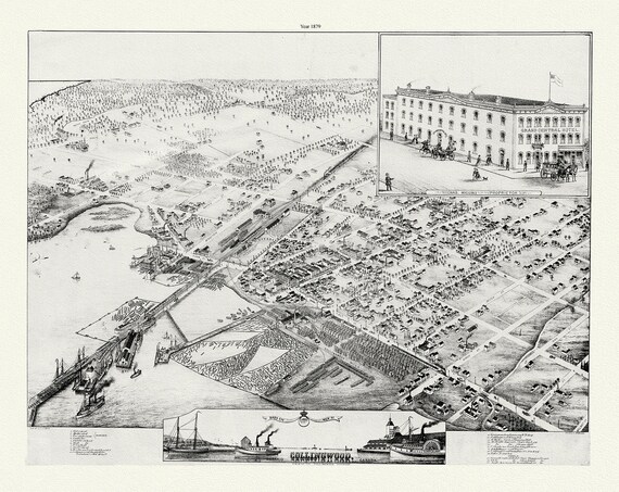 A Bird's eye view of Collingwood, Ontario, Brosius auth., 1879, map on durable cotton canvas, 50 x 70 cm or 20x25" approx.