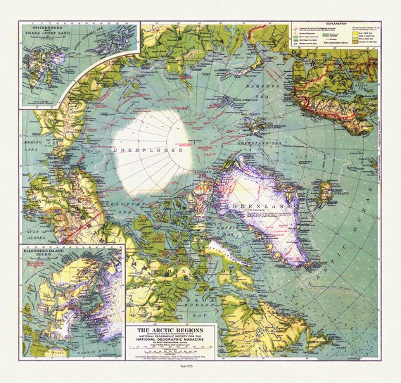 Arctic Regions, National Geographic, 1925, map on heavy cotton canvas, 50 x 70 cm, 20 x 25" approx.