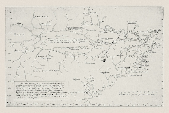 Carte de la Nouvelle France, Champlain (1632) et Thoreau (1850), map on heavy cotton canvas, 50 x 70 cm, 20 x 25" approx.