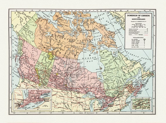 Dominion of Canada and Newfoundland-1948, Hammond auth., vintage map reprinted on durable cotton canvas, 50 x 70 cm, 20 x 25" approx.