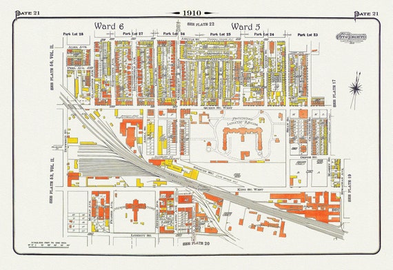 Plate 21, Toronto West, Parkdale & Liberty Village, Lunatic Asylum, 1910 , map on heavy cotton canvas, 20 x 30" approx.