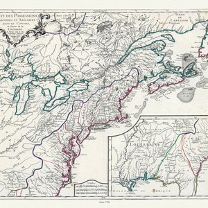 Carte des possessions françoises et angloises dans le Canada, et partie de la Louisiane, 1756,Lonchamps auth., toile, 22x27 » env.