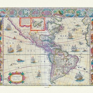 Blaue, Americae Nova Tabula, 1635, mapa na grubym płótnie bawełnianym, wymiary ok. 22 x 27 cali.