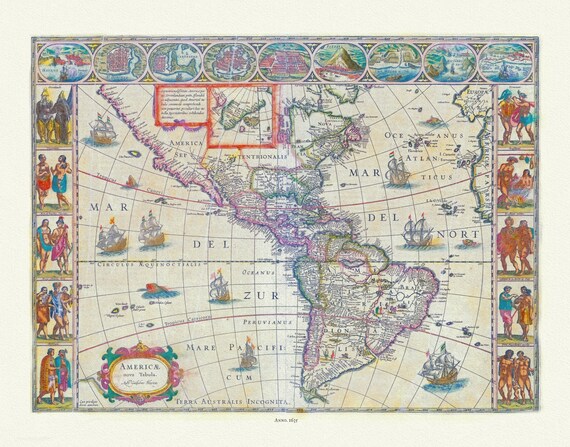 Blaue, Americae Nova Tabula, 1635, map on heavy cotton canvas, 22x27" approx.