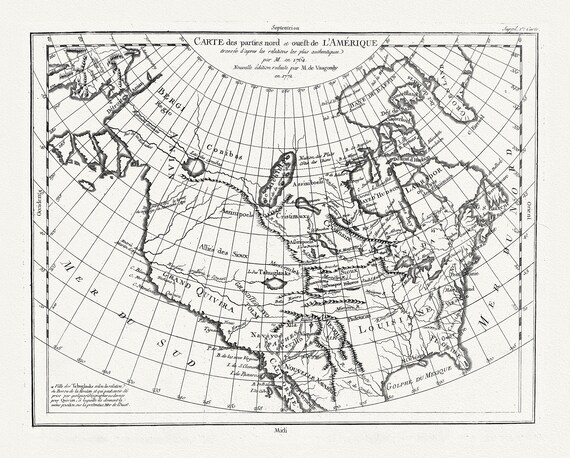 Vaugondy et Diderot, Carte des parties nord et ouest de L'Amerique, 1772 , map on heavy cotton canvas, 22x27" approx.