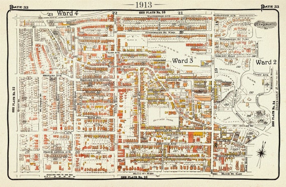 Plate 33, Toronto Uptown, Yorkville, 1913, map on heavy cotton canvas, 20 x 30" approx.