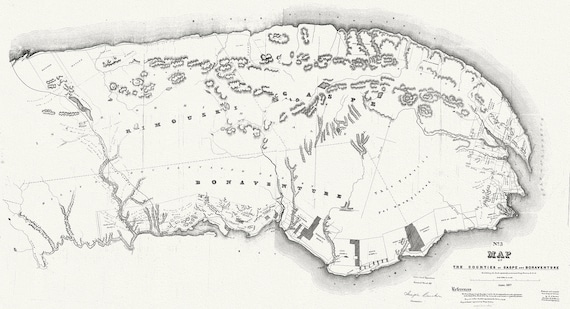 Quebec: Map of the counties of Gaspe and Bonaventure  exhibiting the lands adjudicated unsurveyed, Clergy Reserves, 1857 , canvas, 22x27"