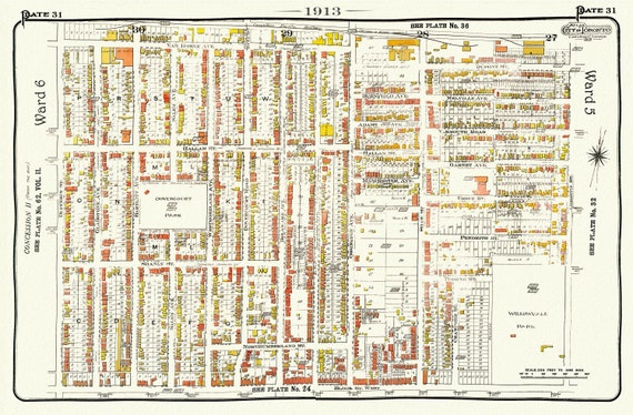 EPlate 31, Toronto West, Brockton, Bloorcourt North, 1913, map on heavy cotton canvas, 20 x 30" approx.