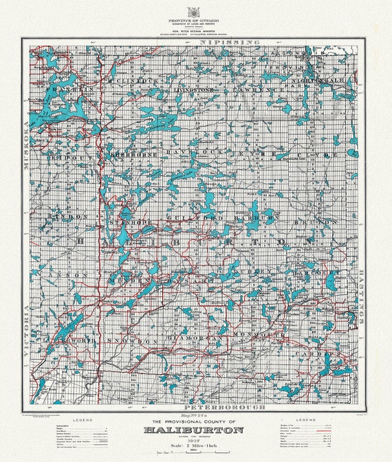 Historic Algonquin Park Map, Haliburton County, 1937 , map on heavy cotton canvas, 20 x 25" approx.