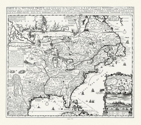 Carte de la Nouvelle France  où se voit le cours des Grandes Rivieres de S. Laurens & de Mississipi, 1719 ,  on canvas, 20 x 25" approx.