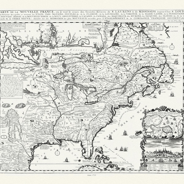 Carte de la Nouvelle France où se voit le cours des Grandes Rivieres de S. Laurens & de Mississipi, 1719, auf Leinwand, ca.