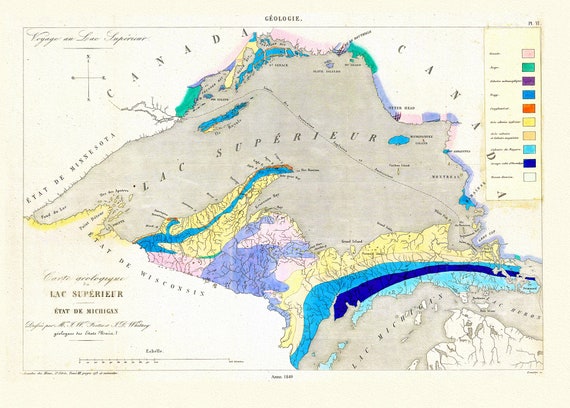 Fostes et Whitney, Carte geologique du Lac Superieur, 1849 , map on heavy cotton canvas, 22x27" approx.