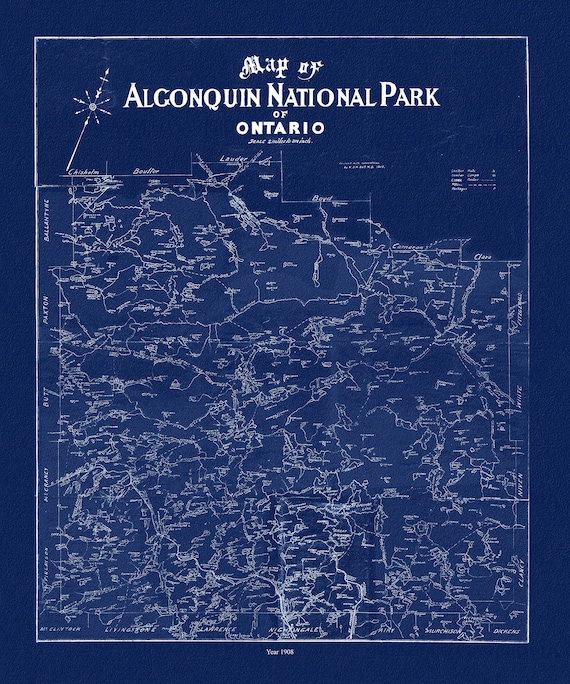Historic Algonquin Park Map, Dr. Bell auth., 1908 Ver. Cyanotype , map on heavy cotton canvas, 45 x 65 cm, 18 x 24" approx.