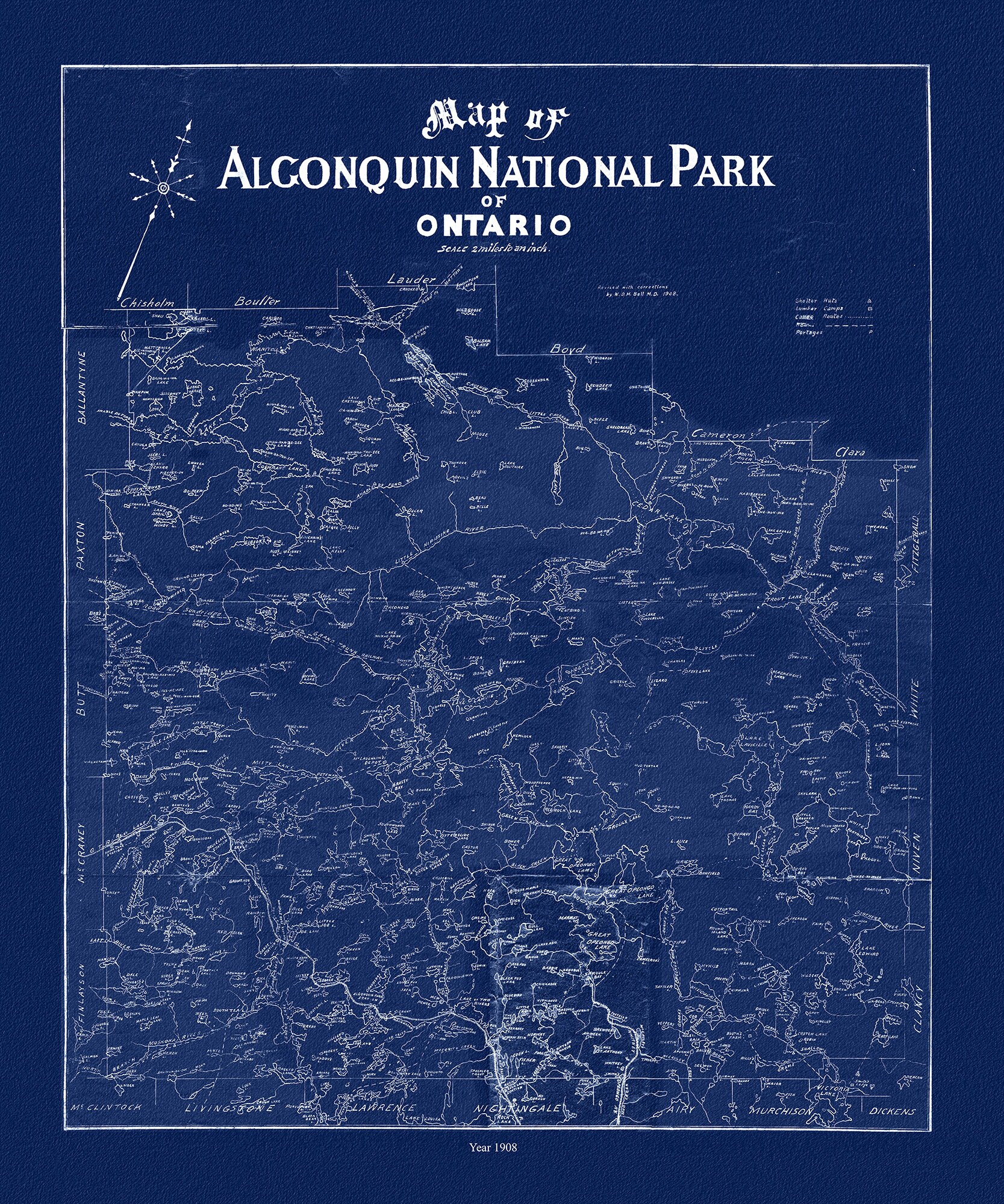 Historic Algonquin Park Map Dr Bell Auth 1908 Ver Cyanotype Map 