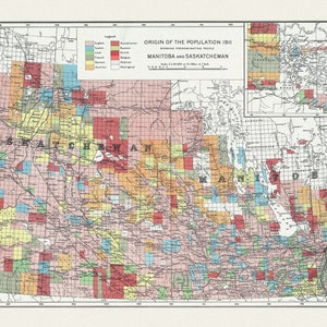 Manitoba y Saskatchewan, Departamento del Interior, Origen de la población, 1911, mapa sobre lienzo duradero, 50 x 70 cm, 20 x 25" aprox.