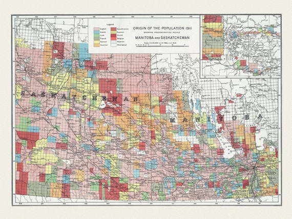 Manitoba and Saskatchewan, Department of Interior, Origin of the population, 1911 , map on durable  canvas, 50 x 70 cm, 20 x 25" approx.