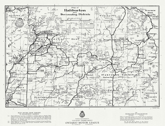 Road map of Haliburton and surrounding districts, Ontario  1935, on heavy cotton canvas, 22x27" approx.