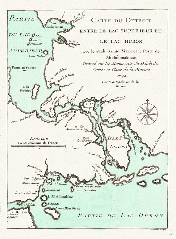 Jacques Nicolas,  Detroit entre Superieur et Huron, Bellin auth., 1745,  map on durable cotton canvas, 50 x 70 cm or 20x25" approx.