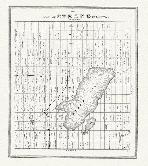Muskoka-Haliburton, Strong Township, 1893, map on heavy cotton canvas, 20 x 25" approx.