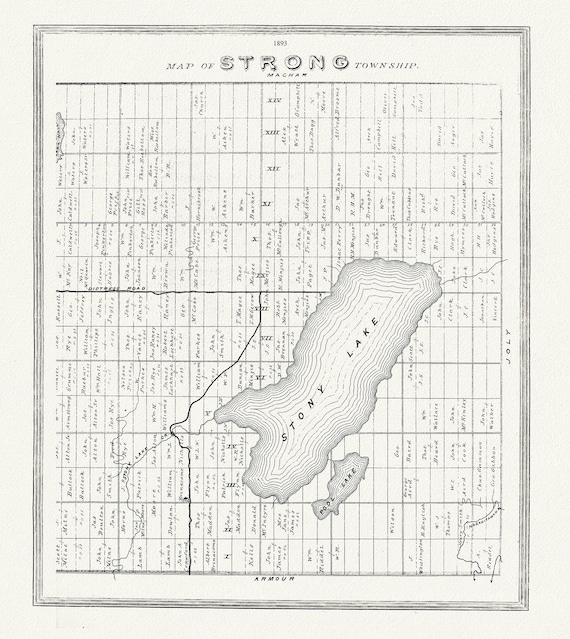 Muskoka-Haliburton, Strong Township, 1893, map on heavy cotton canvas, 20 x 25" approx.