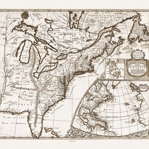 John Senex, New Map of the English Empire in America, 1721 Ver. D,sepia tone, map on heavy cotton canvas, 22x27" approx.