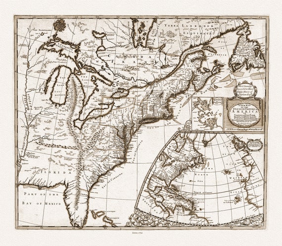 John Senex, New Map of the English Empire in America, 1721 Ver. D,sepia tone, map on heavy cotton canvas, 22x27" approx.