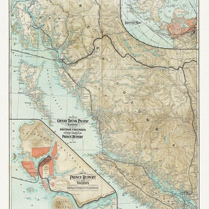 Mapa del Grand Trunk Pacific Railway en Columbia Británica, 1910, mapa sobre lienzo de algodón pesado, 20 x 30 &quot;o 50 x 75 cm. aprox.