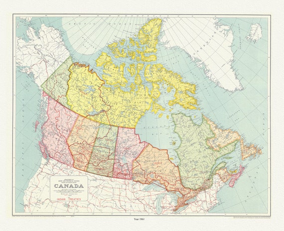 Map outlining a number of treaties between Indigenous peoples and the Canadian government, 1961, map on canvas, 50 x 70 cm, 20 x 25" approx.