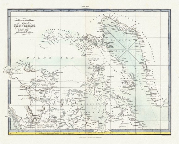 Recent discoveries in the Arctic Regions, 1833 Aspin auth. , map on durable cotton canvas, 50 x 70 cm, 20 x 25" approx.