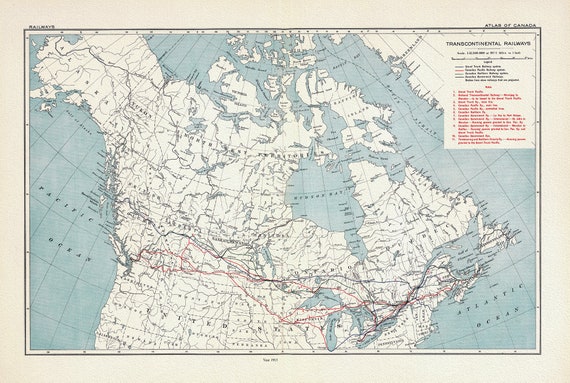 Transcontinental Railways, 1915, map on heavy cotton canvas, 22x27" approx.