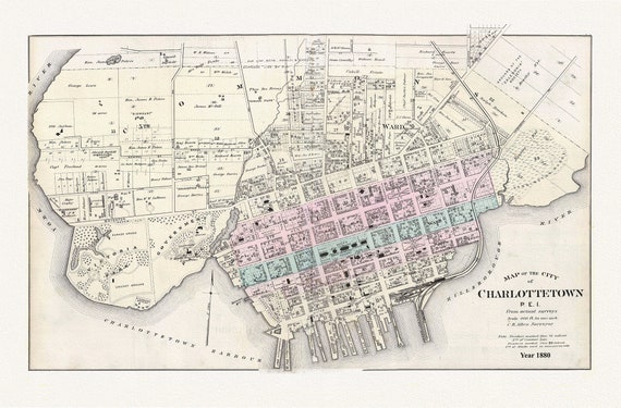 PEI; Map of the City of Charlottetown, Meacham et Allen auths.,1880  , vintage map  on durable cotton canvas, 50 x 70 cm or 20x25" approx.