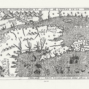 Figure de la Terre Neuve, le grande riviere de Canada, et côtes de l’ocean en la Nouvelle France, Les Carbot auth.,1609, 20 x 25 » env.