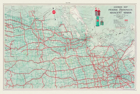 Highways Map of Prairie Provinces and Adjacent States, 1930, map on heavy cotton canvas, 22x27" approx.