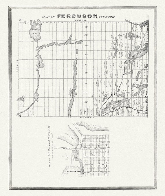 Muskoka-Haliburton, Ferguson Township, 1893, map on heavy cotton canvas, 20 x 25" approx.