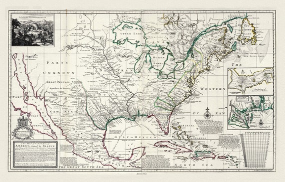 Moll, Parts of America Claimed by France, 1720, map on heavy cotton canvas, 22x27" approx.