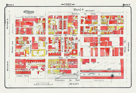 Plate 5, Toronto Downtown West, King & John Streets, 1923, Map on heavy cotton canvas,18x27in. approx.