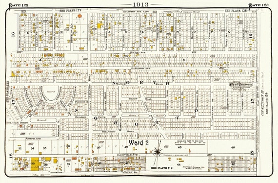 Plate 123, Toronto North and East, 1913, map on heavy cotton canvas, 20 x 30" or 50 x 75cm. approx.