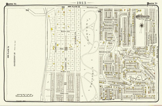 Plate 71, Toronto West, Prospect Cemetery, 1913, map on heavy cotton canvas, 20 x 30" or 50 x 75cm. approx.