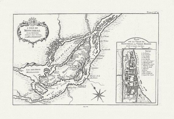 Bellin, L'Isle de Montreal, et ses environs, 1764 , map on heavy cotton canvas, 22x27" approx.