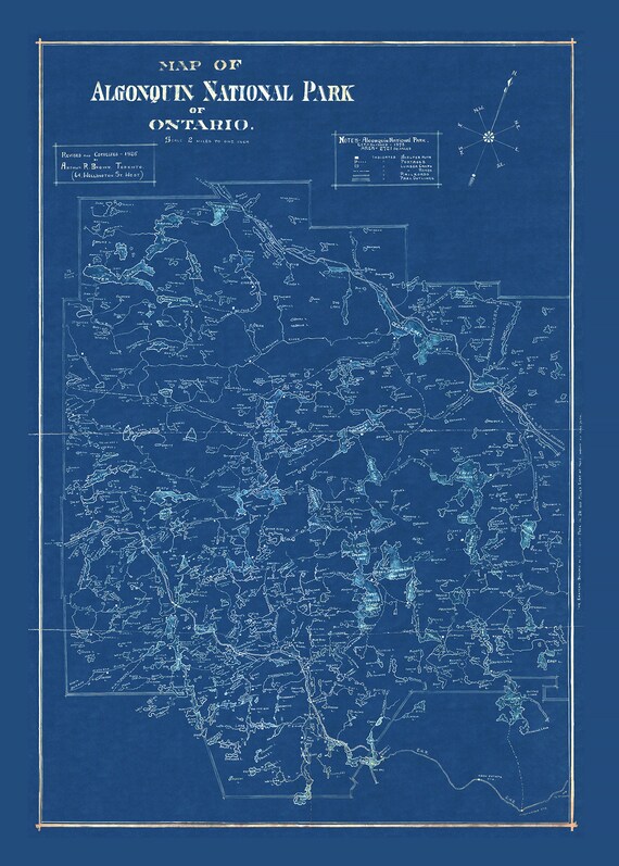 Historic Algonquin Park Map, auth.  Arthur Brown, 1925 Cyanotype , map on heavy cotton canvas, 20x27" approx.
