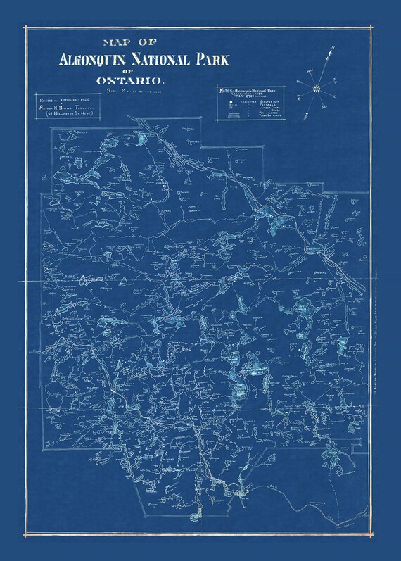 Historic Algonquin Park Map, auth.  Arthur Brown, 1925 Cyanotype , map on heavy cotton canvas, 20x27" approx.