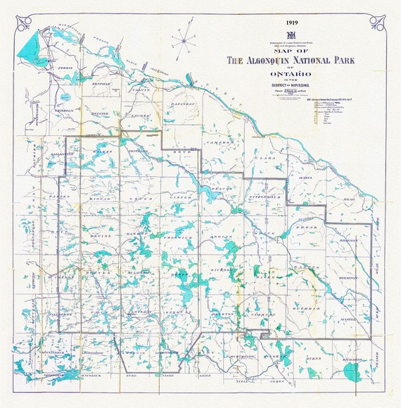 Historic Algonquin Park Map, Lands, Forests, Mines, 1919, map on heavy cotton canvas, 20 x 25" approx.