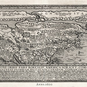 North America, 1600, Quad auth., map on durable cotton canvas, 50 x 70 cm or 20x25&quot; approx.