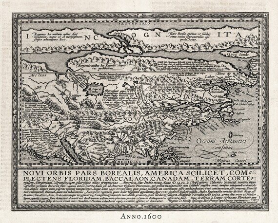 North America, 1600, Quad auth., map on durable cotton canvas, 50 x 70 cm or 20x25" approx.