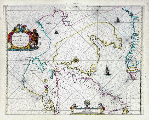 America Nort, 1667, Goos auth., map on heavy cotton canvas, 50 x 70cm, 20 x 25" approx.