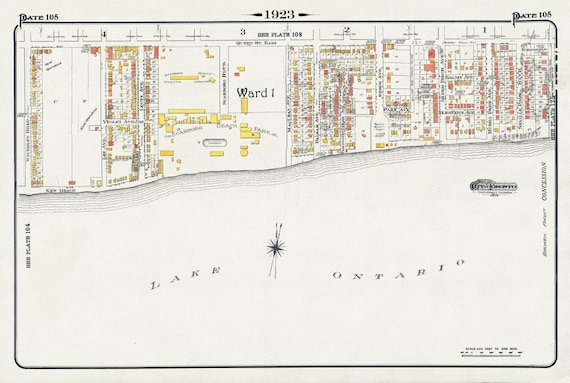 Plate 105, Toronto East, Waterfront, Kew Gardens & Scarborough Beach Park, 1923, Map on heavy cotton canvas, 18x27in. approx.